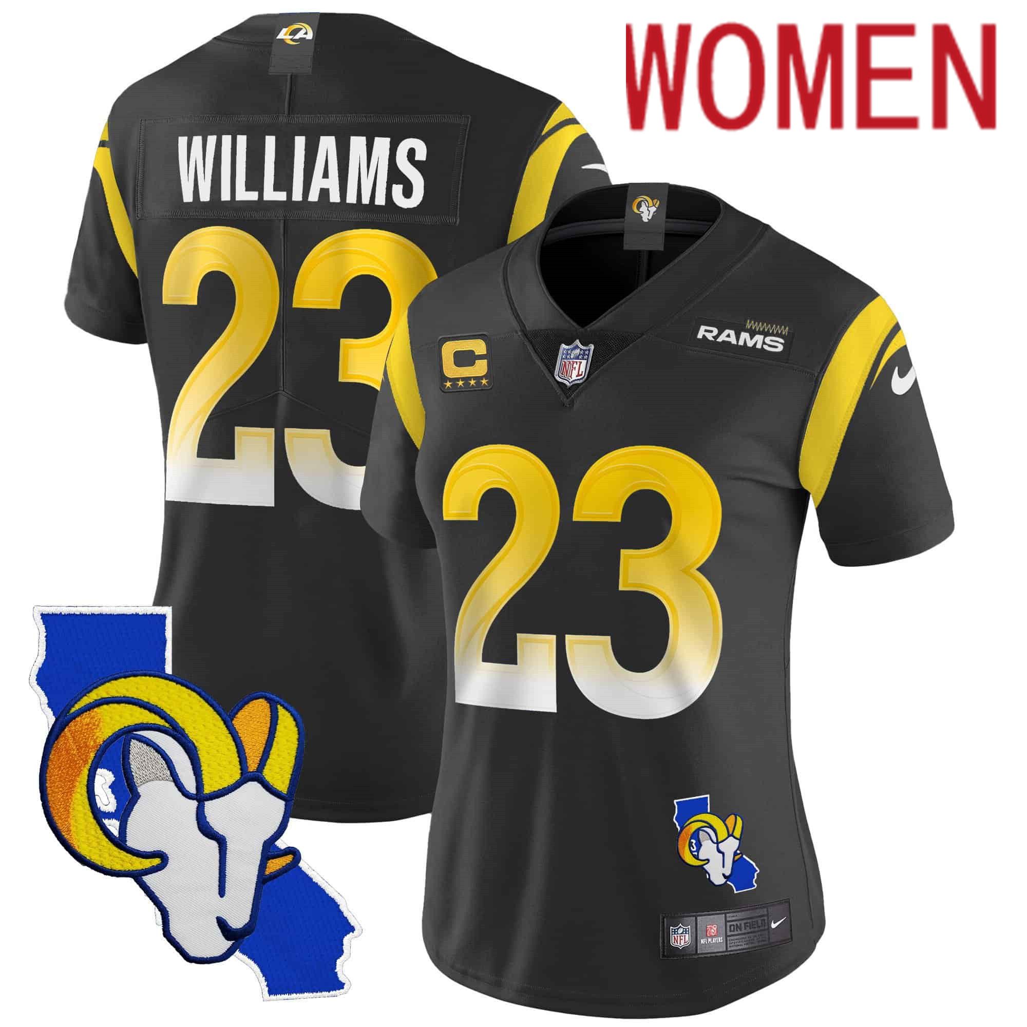 Women Los Angeles Rams #23 Williams Black 2024 Nike California Patch Vapor Limited NFL Jersey style 1->women nfl jersey->Women Jersey